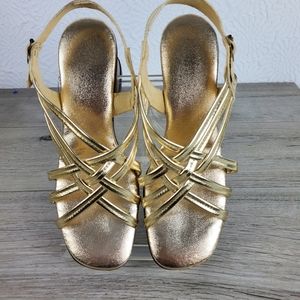 Gold dressy sandal low heel sling back shoes